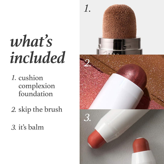Julep All-in-One Beauty Trio: Cushion Complexion Foundation Cashew, Skip the Brush Blush Stick Paradise, and It’s Balm Tinted Lip Balm Cinnamon Raisin