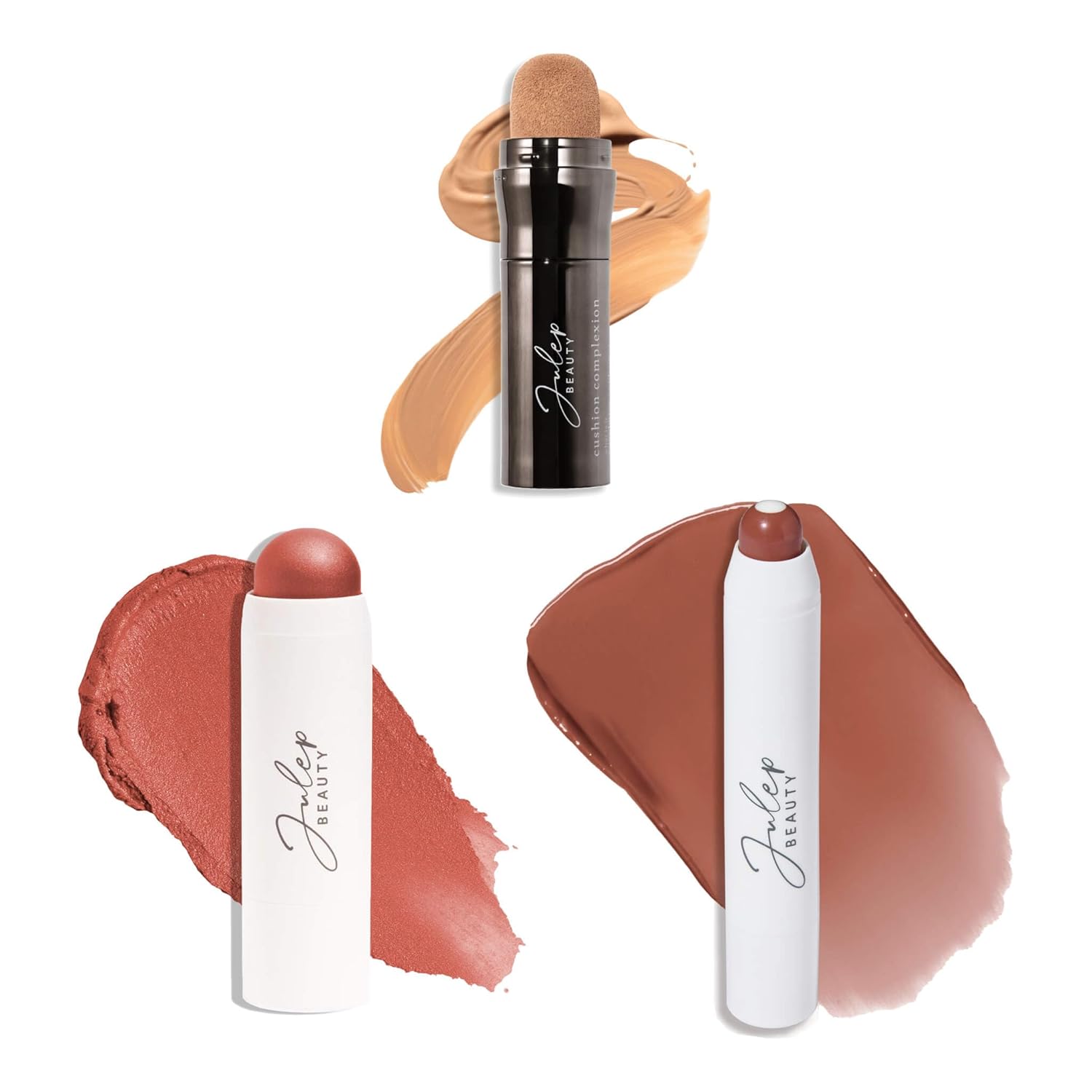 Julep All-in-One Beauty Trio: Cushion Complexion Foundation Caramel, Skip the Brush Blush Stick Desert Rose, and It’s Balm Tinted Lip Balm Brown Sugar