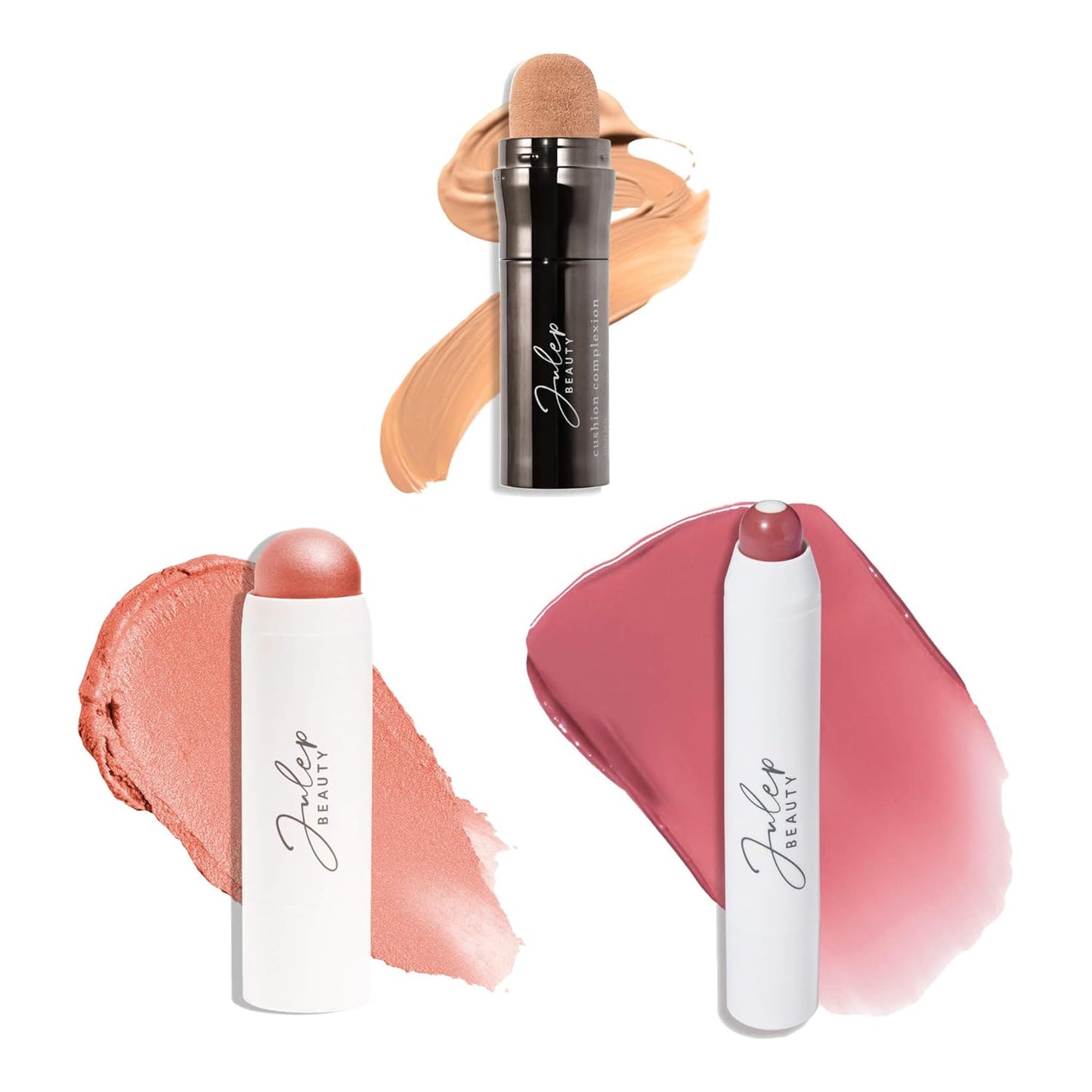 Julep All-in-One Beauty Trio: Cushion Complexion Foundation Linen, Skip the Brush Blush Stick Rose Gold, and It’s Balm Tinted Lip Balm Canyon Rose